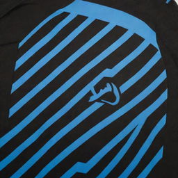 A black soccer jersey with light blue diagonal stripes, designed to resemble claw marks