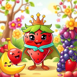 A playful, cartoonish villain strawberry character with a mischievous smile, wearing a colorful cape and a tiny crown