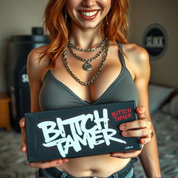 A close-up shot focusing on the chest and torso of a gorgeous female redhead wearing a tank top adorned with punk-style chains