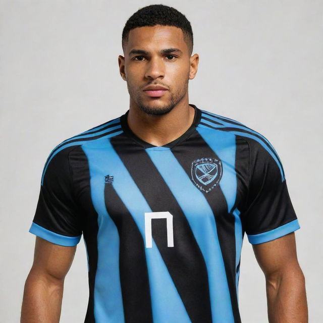 A black soccer jersey with light blue diagonal stripes, designed to resemble claw marks