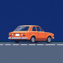 A low-detailed pixel-art depiction of a classic Japanese car from the 1970s, parked in profile on a simplistic road