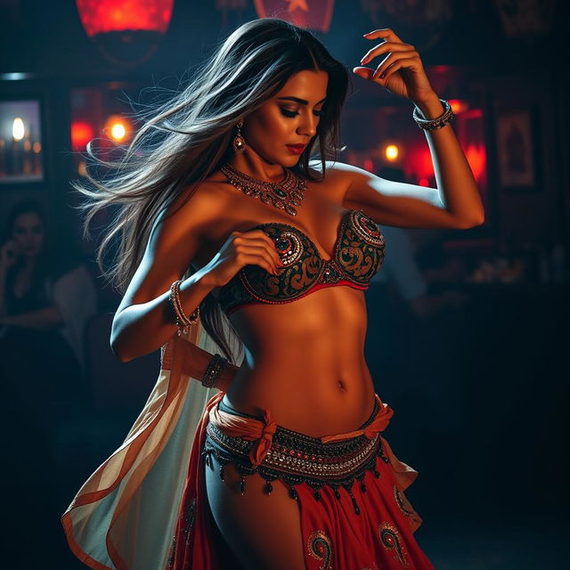 An Arab belly dancer elegantly performing in a dimly lit, seedy bar, showcasing her incredible skills and captivating presence