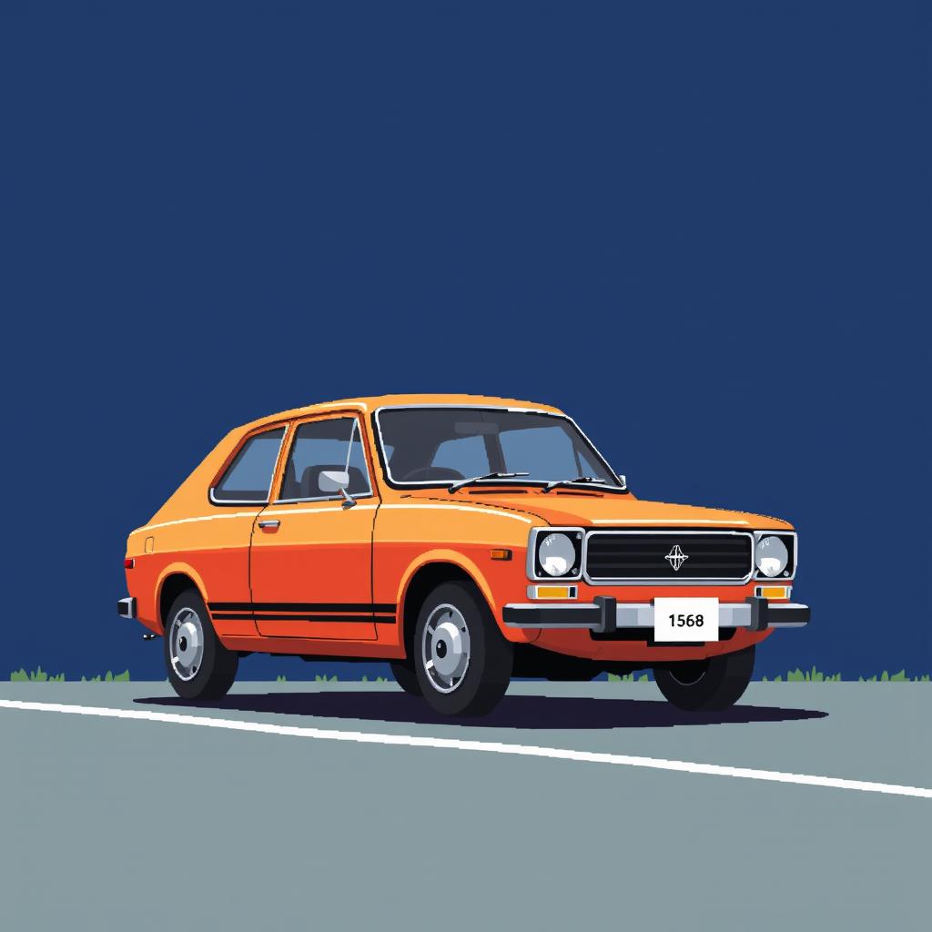 A low-detailed pixel-art depiction of a classic Japanese car from the 1970s, parked in profile on a simplistic road