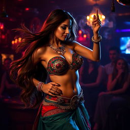 An Arab belly dancer elegantly performing in a dimly lit, seedy bar, showcasing her incredible skills and captivating presence