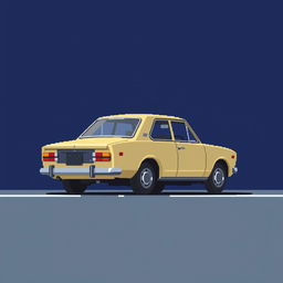 A low-detailed pixel-art depiction of a classic Japanese car from the 1970s, parked in profile on a simplistic road