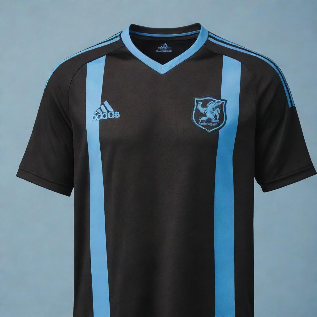 A black soccer jersey with a single light blue diagonal stripe, designed to resemble a claw mark