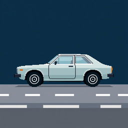 A very low-detailed pixel-art representation of a classic Japanese car from the 1970s, parked in profile on a simplistic road