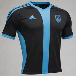 A black soccer jersey with a single light blue diagonal stripe, designed to resemble a claw mark