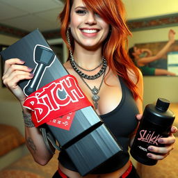 A close-up shot focusing on a gorgeous female redhead, showcasing her torso and large chest in a fitted tank top adorned with punk chains