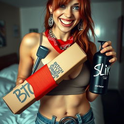 A close-up shot focusing on a gorgeous female redhead, showcasing her torso and large chest in a fitted tank top adorned with punk chains