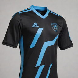 A black soccer jersey with a single light blue diagonal stripe, designed to resemble a claw mark