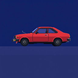 A very low-detailed pixel-art image in a 32x32 format of a classic Japanese car from the 1970s, parked in profile on a simplistic road