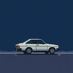 A very low-detailed pixel-art image in a 32x32 format of a classic Japanese car from the 1970s, parked in profile on a simplistic road