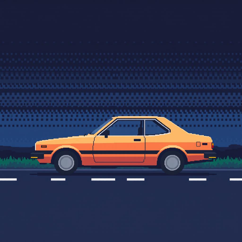 A very low-detailed pixel-art image in a 32x32 format of a classic Japanese car from the 1970s, parked in profile on a simplistic road