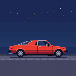 A very low-detailed pixel-art image in a 32x32 format of a classic Japanese car from the 1970s, parked in profile on a simplistic road