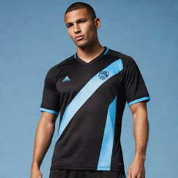 A black soccer jersey with a single light blue diagonal stripe, designed to resemble a claw mark