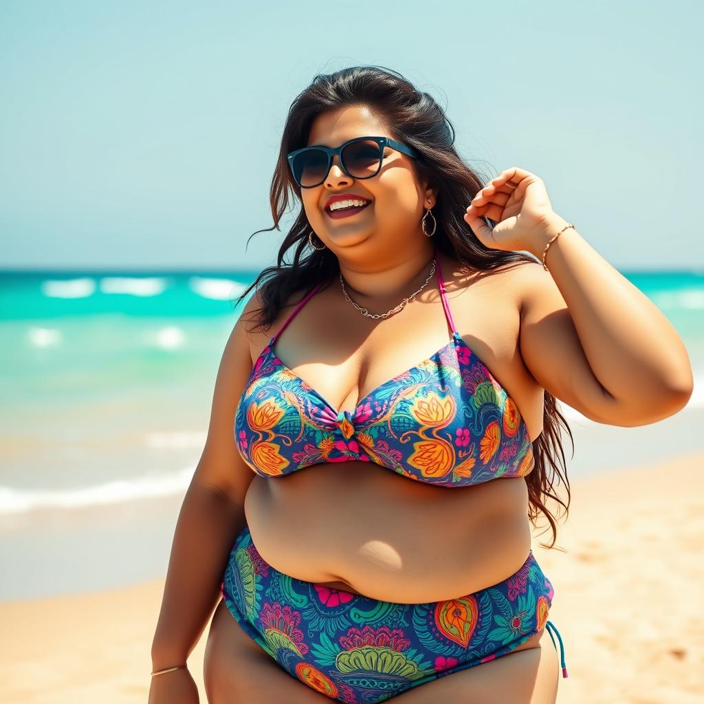 A chubby Indian auntie confidently enjoying a sunny day at the beach, wearing a colorful bikini that complements her joyful personality