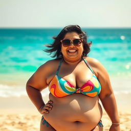 A chubby Indian auntie confidently enjoying a sunny day at the beach, wearing a colorful bikini that complements her joyful personality