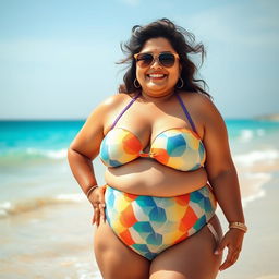 A chubby Indian auntie confidently enjoying a sunny day at the beach, wearing a colorful bikini that complements her joyful personality