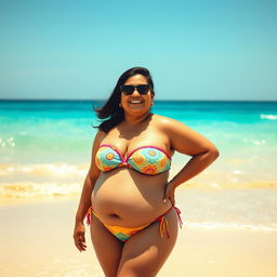 A chubby Indian auntie confidently enjoying a sunny day at the beach, wearing a colorful bikini that complements her joyful personality