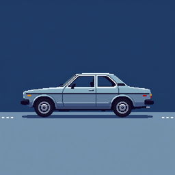 A very low-detailed pixel-art image in a 16x16 format of a classic Japanese car from the 1970s, parked in profile on a simplistic road