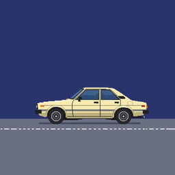 A very low-detailed pixel-art image in a 16x16 format of a classic Japanese car from the 1970s, parked in profile on a simplistic road