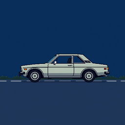 A very low-detailed pixel-art image in a 16x16 format of a classic Japanese car from the 1970s, parked in profile on a simplistic road