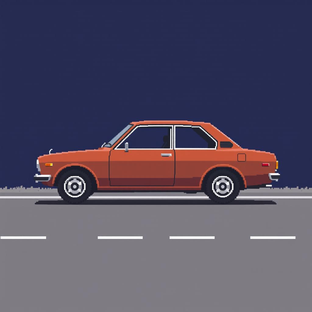 A very low-detailed pixel-art image in a 16x16 format of a classic Japanese car from the 1970s, parked in profile on a simplistic road