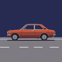 A very low-detailed pixel-art image in a 16x16 format of a classic Japanese car from the 1970s, parked in profile on a simplistic road