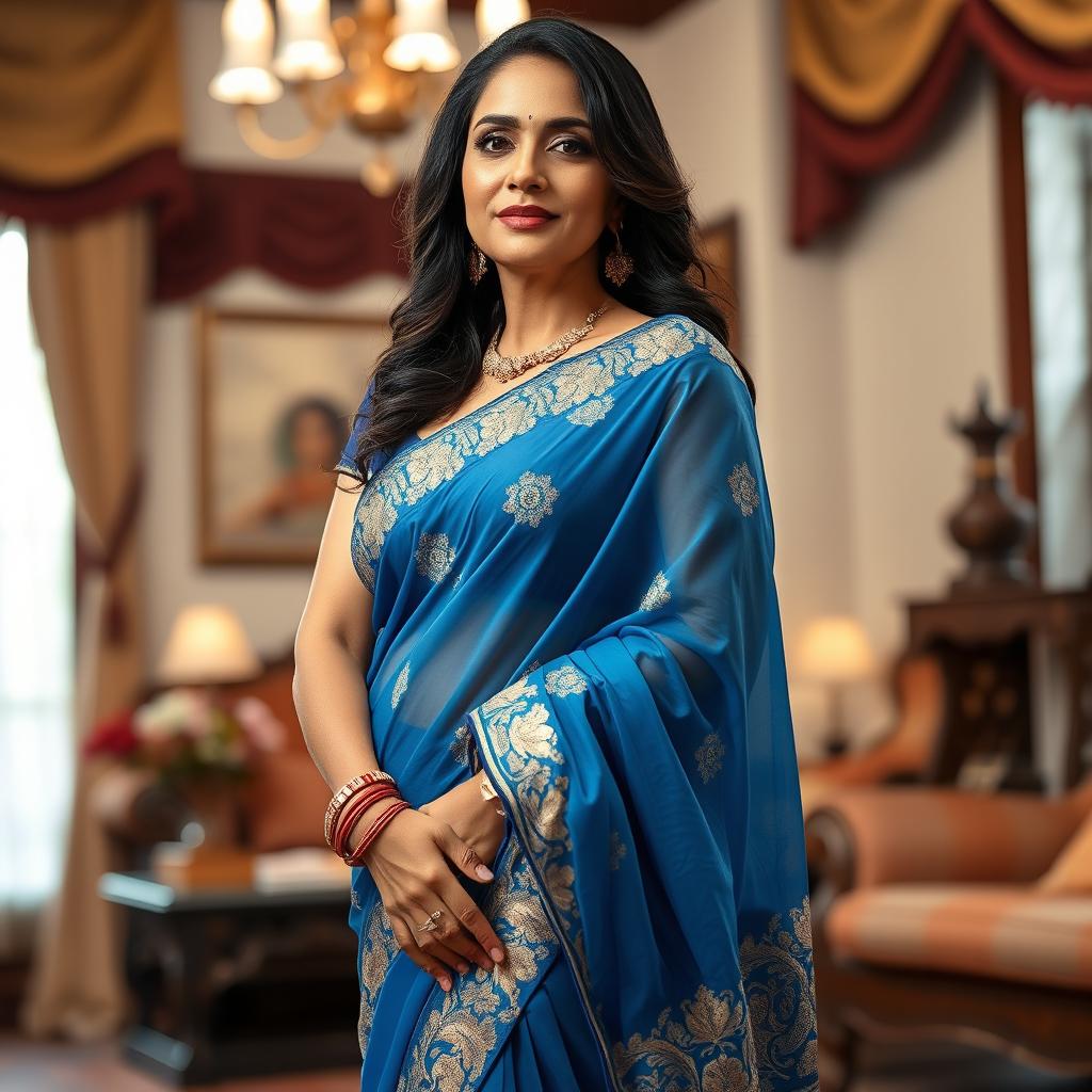 A middle-aged Indian woman, curvy and confident, wearing a translucent revealing blue saree that elegantly drapes around her body