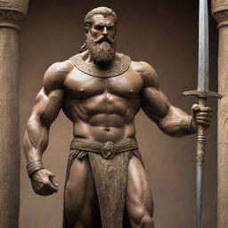 A detailed historical image of the epic figure Gilgamesh. He is strikingly muscular, with a noticeable beard, wielding a grand sword. A strong aura of antiquity and history surrounds him.