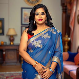 A middle-aged Indian woman, curvy and confident, wearing a translucent revealing blue saree that elegantly drapes around her body