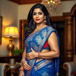 A middle-aged Indian woman, curvy and confident, wearing a translucent revealing blue saree that elegantly drapes around her body