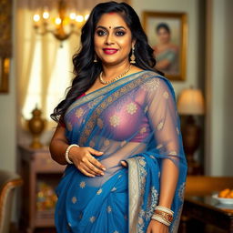 A middle-aged Indian woman, curvy and confident, wearing a translucent revealing blue saree that elegantly drapes around her body