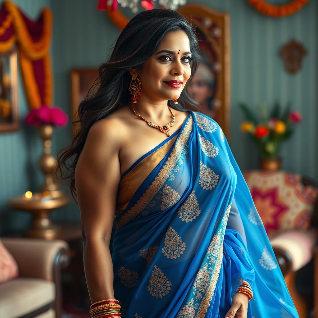 A beautiful middle-aged Indian woman with an elegant and curvy figure, showcasing her confidence in a translucent revealing blue saree that highlights her curves, particularly her ample bust and shapely hips
