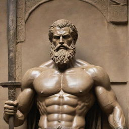 A detailed historical image of the epic figure Gilgamesh. He is strikingly muscular, with a noticeable beard, wielding a grand sword. A strong aura of antiquity and history surrounds him.