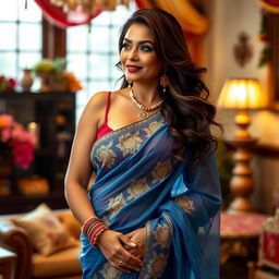 A beautiful middle-aged Indian woman with an elegant and curvy figure, showcasing her confidence in a translucent revealing blue saree that highlights her curves, particularly her ample bust and shapely hips