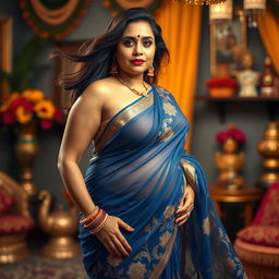 A beautiful middle-aged Indian woman with an elegant and curvy figure, showcasing her confidence in a translucent revealing blue saree that highlights her curves, particularly her ample bust and shapely hips