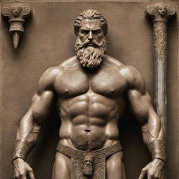 A detailed historical image of the epic figure Gilgamesh. He is strikingly muscular, with a noticeable beard, wielding a grand sword. A strong aura of antiquity and history surrounds him.