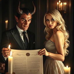 A hyper-realistic depiction of the Devil making a pact with a blonde woman who is looking directly at the viewer