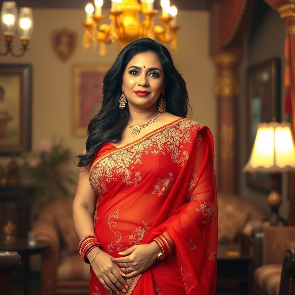 A stunning middle-aged Indian woman with a curvy figure, featuring a generous bust and voluptuous hips, elegantly adorned in a translucent revealing red saree