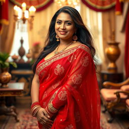 A stunning middle-aged Indian woman with a curvy figure, featuring a generous bust and voluptuous hips, elegantly adorned in a translucent revealing red saree