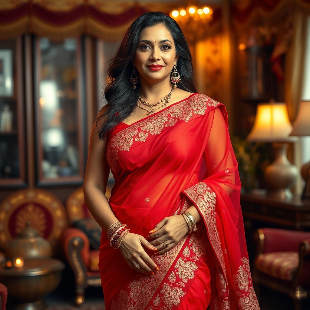 A stunning middle-aged Indian woman with a curvy figure, featuring a generous bust and voluptuous hips, elegantly adorned in a translucent revealing red saree