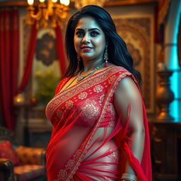 A stunning middle-aged Indian woman with a curvy figure, featuring a generous bust and voluptuous hips, elegantly adorned in a translucent revealing red saree