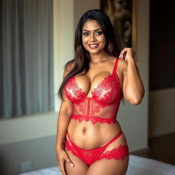 A stunning middle-aged Indian woman with a curvy figure, showcasing her confidence and allure while wearing translucent revealing red lingerie