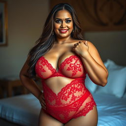 A stunning middle-aged Indian woman with a curvy figure, showcasing her confidence and allure while wearing translucent revealing red lingerie