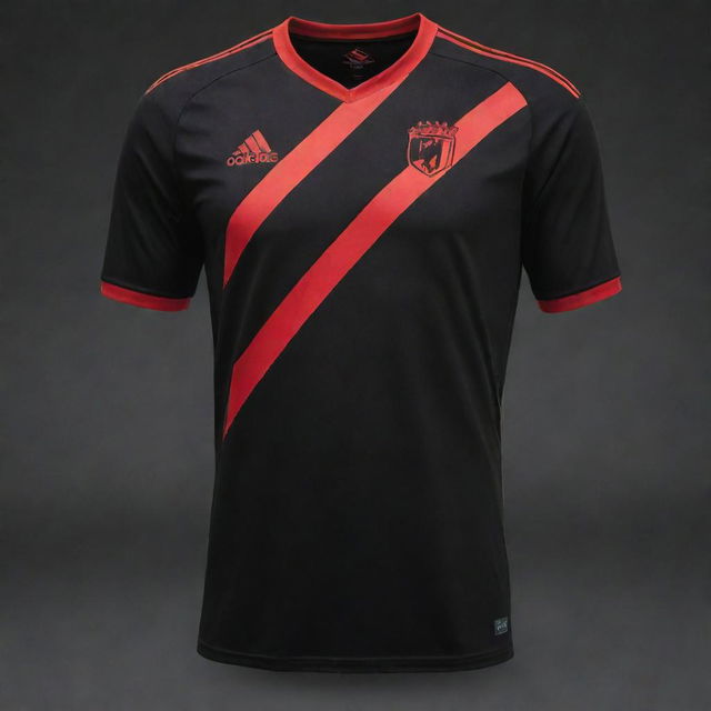 A black soccer jersey with a single intense red diagonal stripe, designed to resemble a claw mark