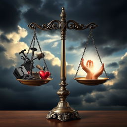 A metaphorical representation of a balance scale featuring sin on one side and good deeds on the other