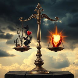 A metaphorical representation of a balance scale featuring sin on one side and good deeds on the other