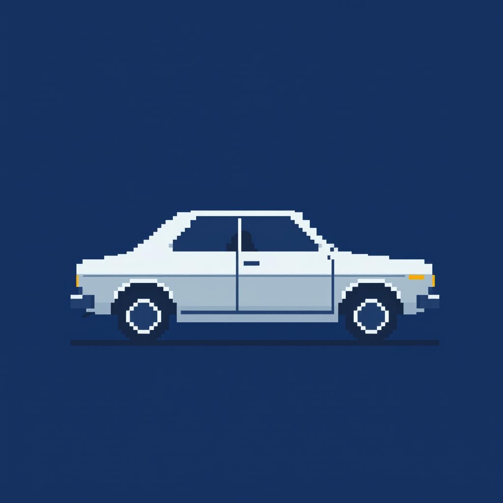 An extremely low-detailed pixel-art image in an 8x8 pixel format of a classic Japanese car from the 1970s, parked in profile on a simplistic road